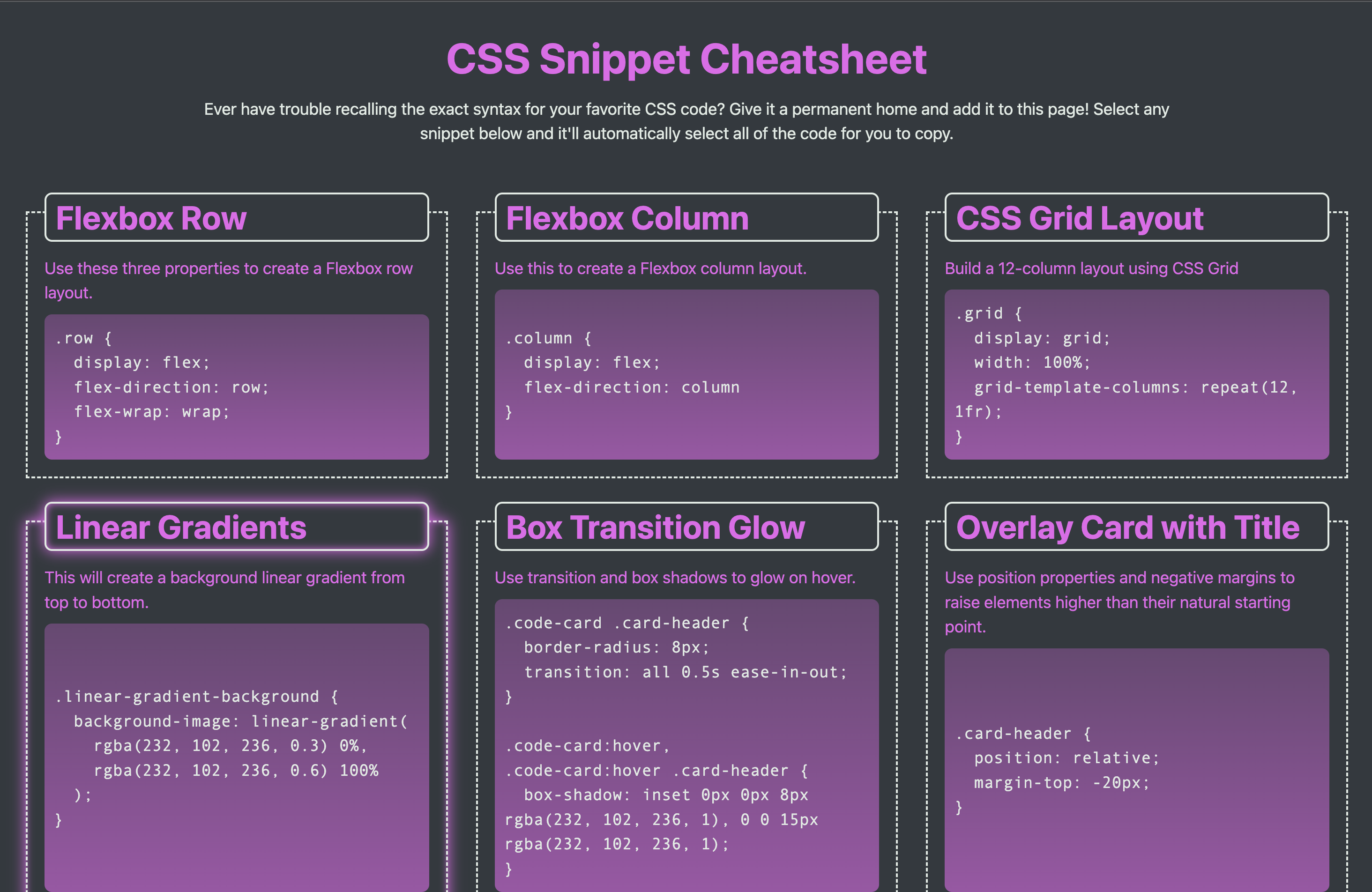 screenshot of css-snippet webpage