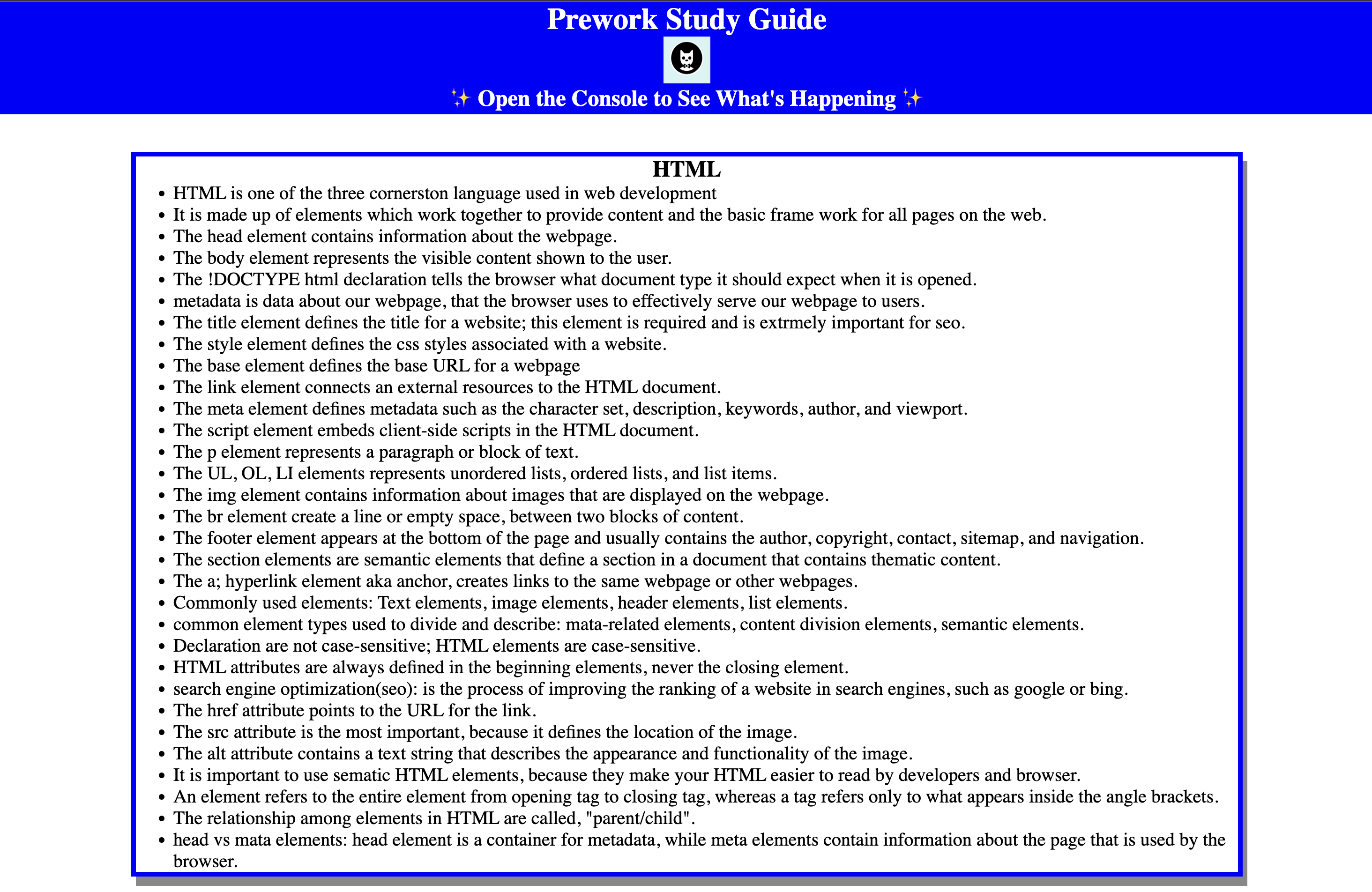 screenshot of prework-study-guide page